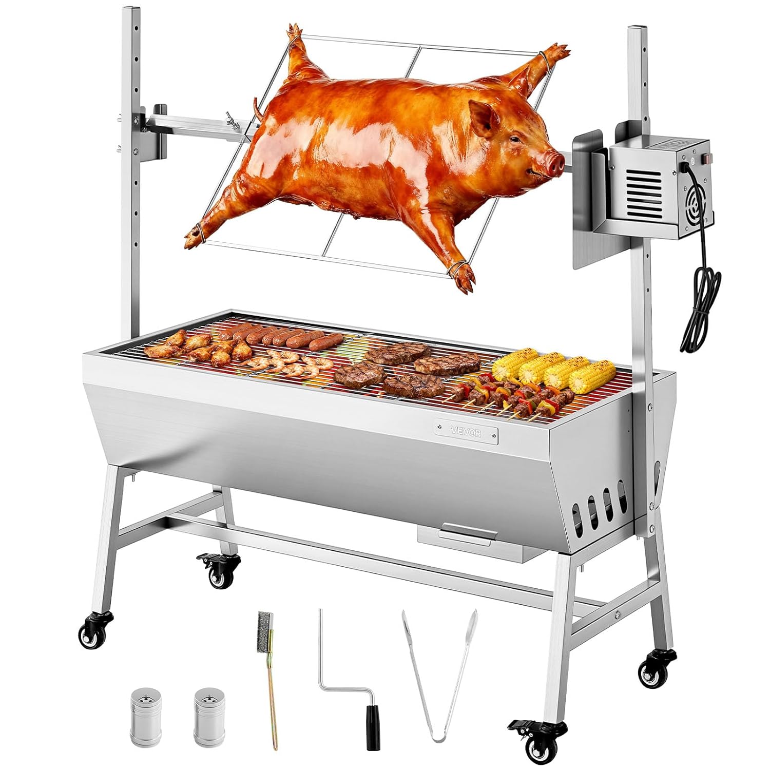 VEVOR - Barbecue à charbon avec tournebroche, 7 hauteurs, 60kg, 38W, inox