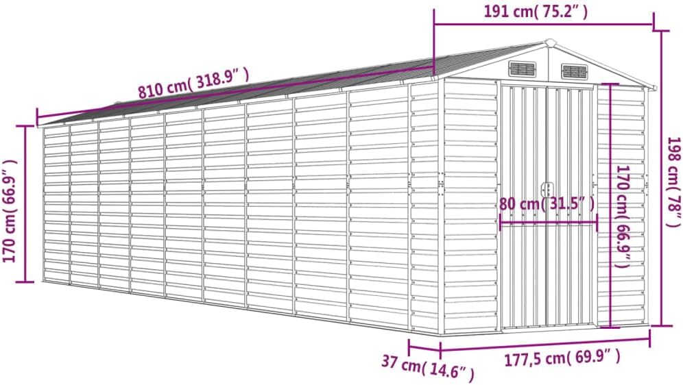 vidaXL Abri de Jardin Gris Clair 191 x 810 x 198 cm en Acier galvanisé