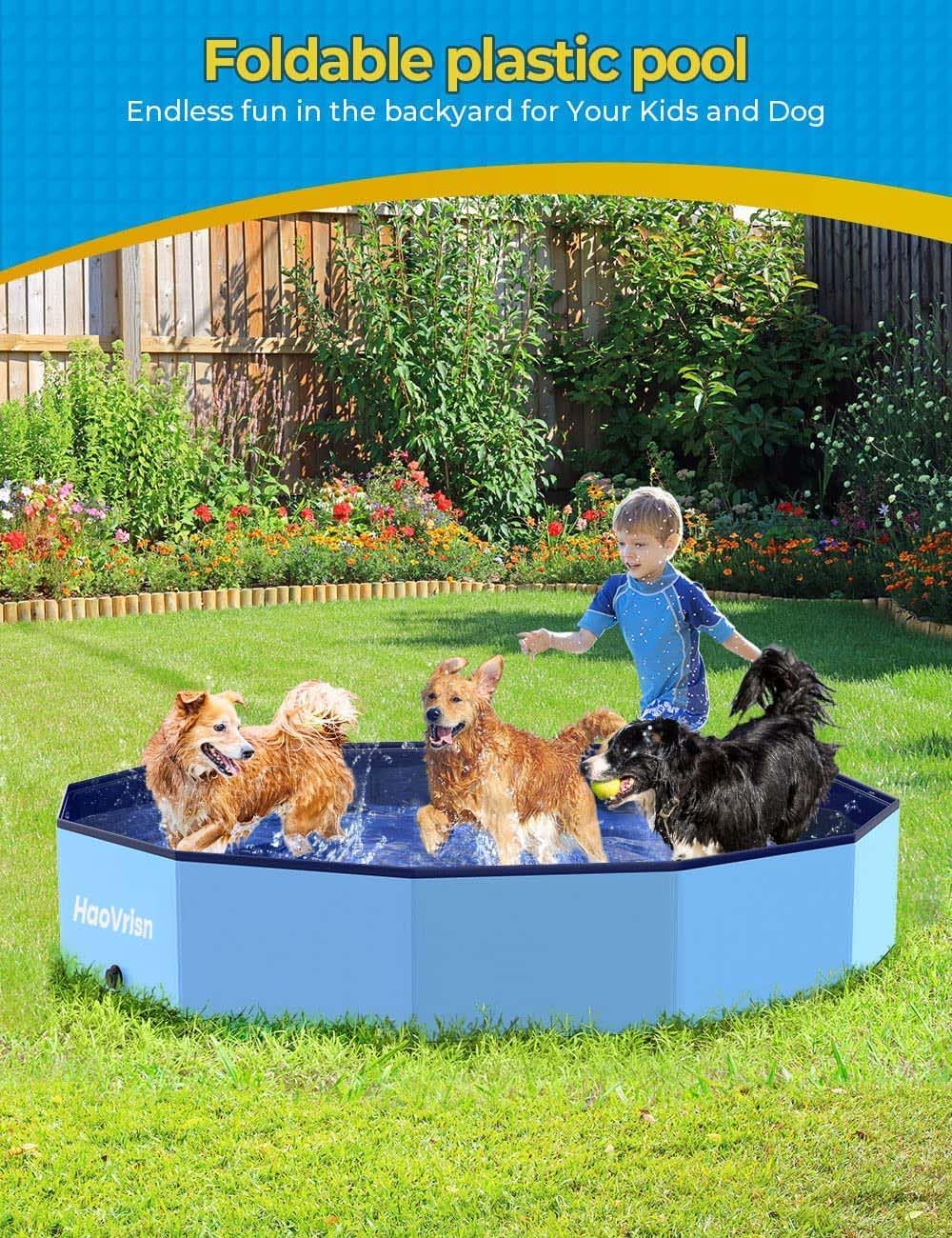 HaoVrisn Piscine pour Chien, 160x30CM Piscine Enfant et Animaux, PVC épais et Antidérapant, Grande Piscine Chien avec Rustines et Valve de Vidange