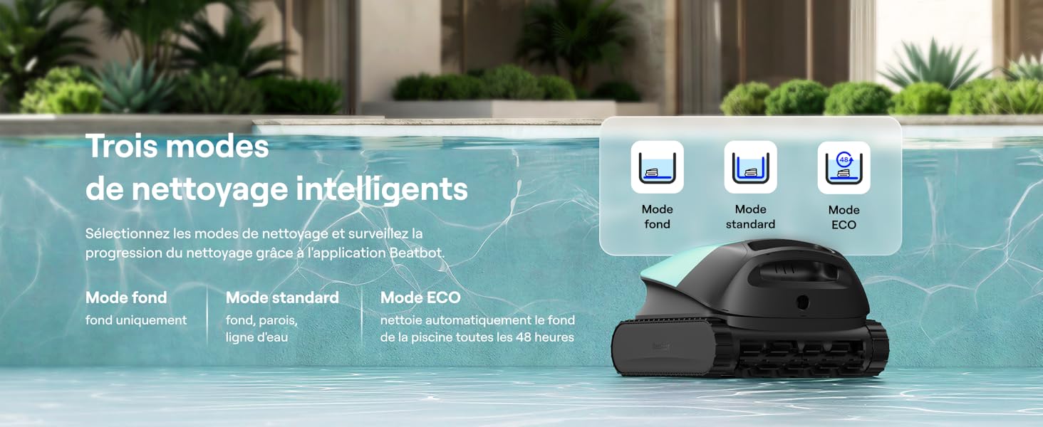 Le texte se lit comme suit : « Trois modes de nettoyage intelligents ». Nettoyeur de piscine robotique représenté dans une eau turquoise avec trois icônes indiquant différents modes de nettoyage.