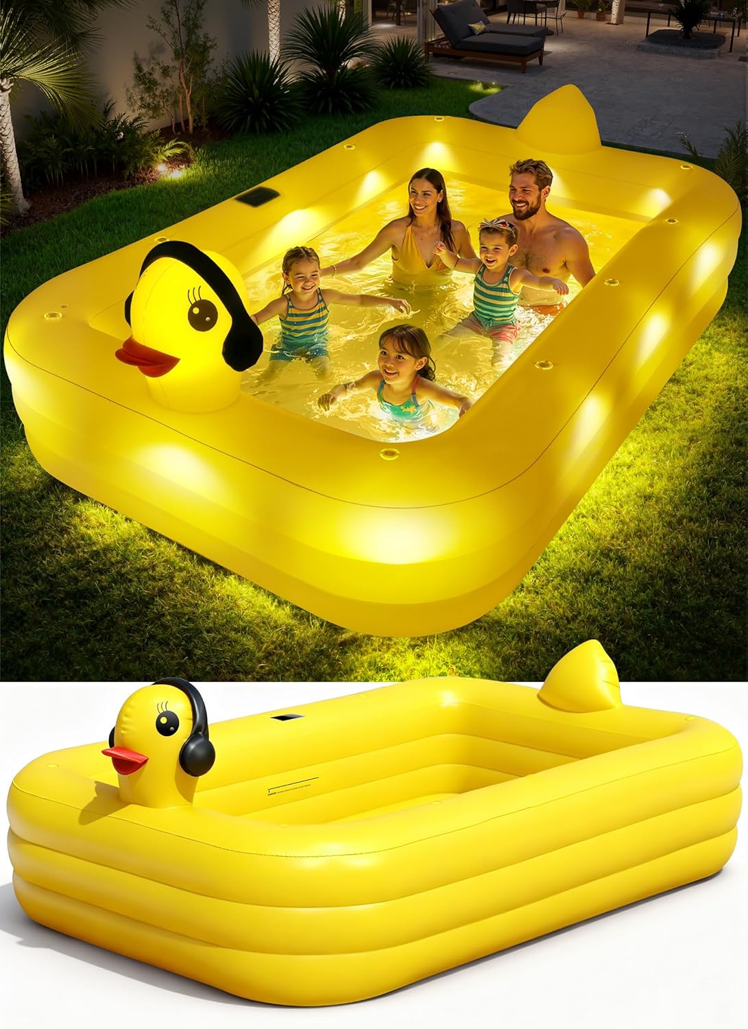 KingSom Piscine Gonflable avec Lumières, Caneton Piscine Rectangulaire Gonflable Solaire, Pataugeoire Grande pour Enfants et Adultes,254 x 160 x 56 cm Piscine Familiale Hors Sol pour Jardin,Extérieur
