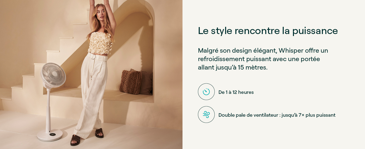 Le texte se lit comme suit : « Le style rencontre la puissance » et « Mâter un design inégalé ». Efficacité d'IA et sophistication à portée d'une seule main. » Femme en robe de couleur crème debout contre un mur beige portant un haut sans manches, démontrant une posture et un style élégants.