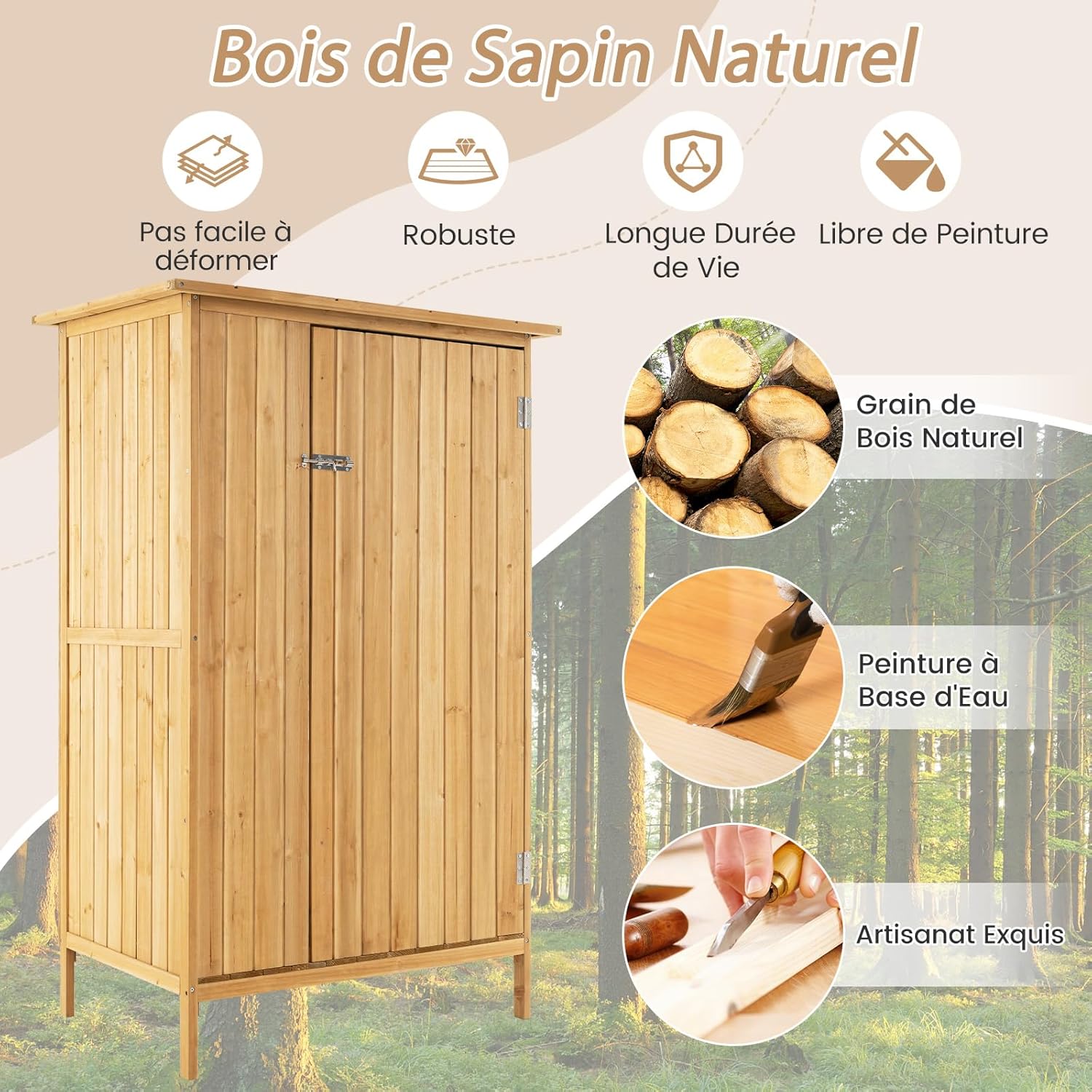 COSTWAY - armoire jardin bois - 3 étagères, toit asphalte, porte verrouillée