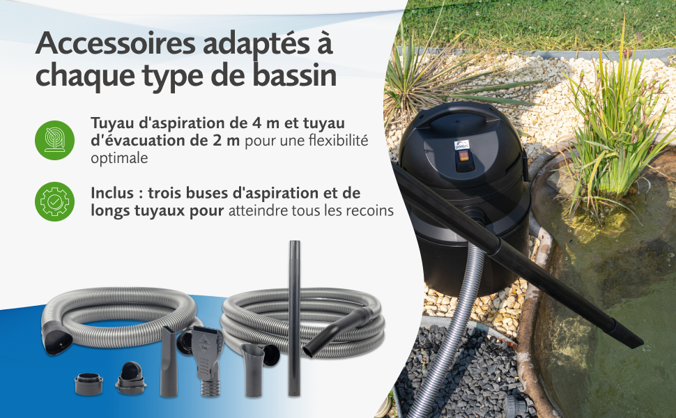 Le texte se lit comme suit : « Accessoires adaptés à chaque type de bassin ». Schéma de l'équipement de la piscine extérieure ou de l'étang montrant divers accessoires de filtration et d'entretien.
