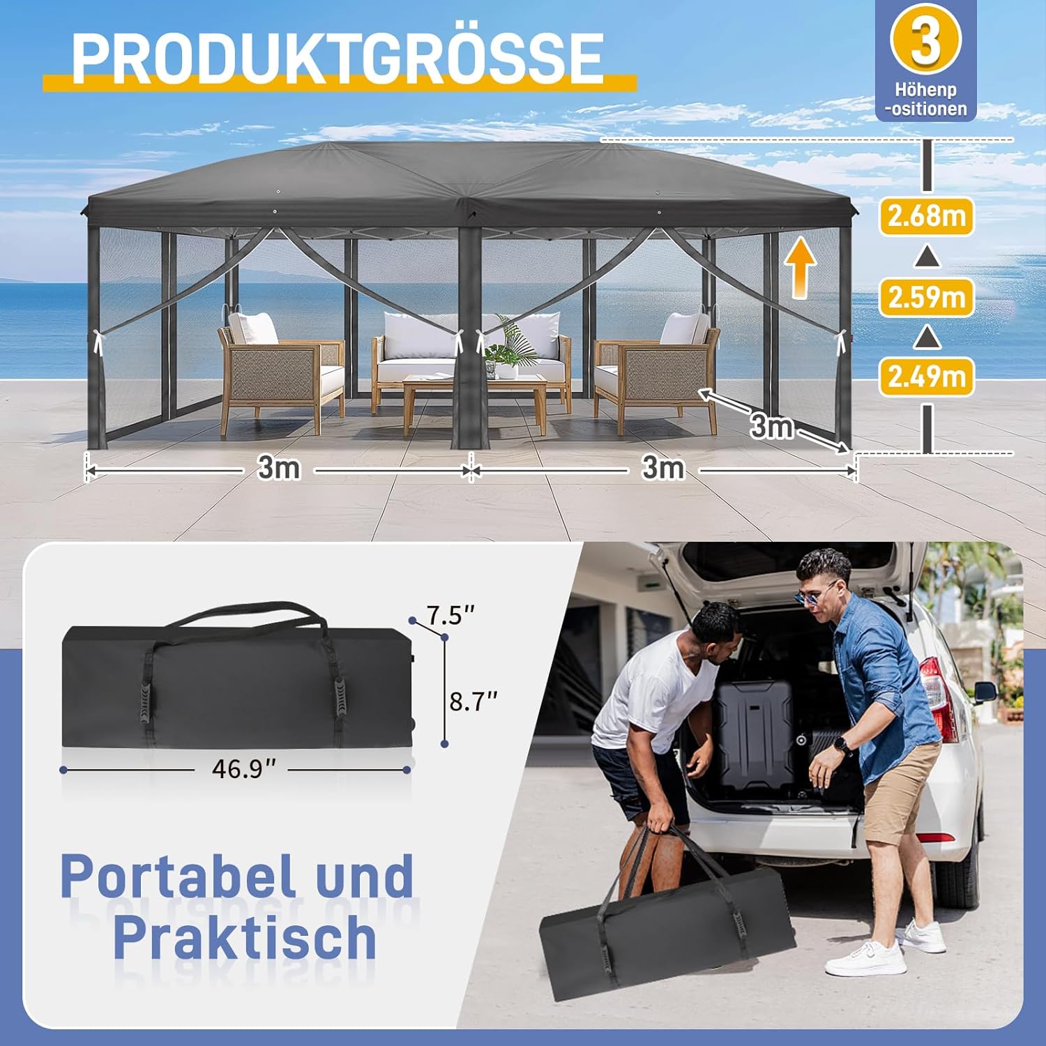 LEADZM - tonnelle pliante - 3x6m - étanche, UV 50+, 6 moustiquaires, hauteur réglable