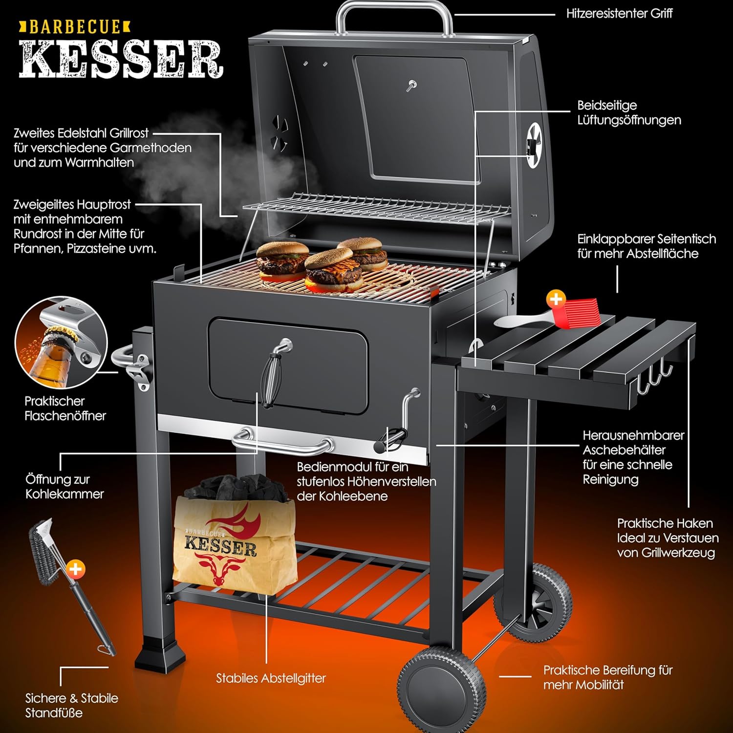 KESSER - Chariot XL barbecue à charbon avec couvercle, grille, roues, thermomètre, inox - Grill Chariot grand charbon