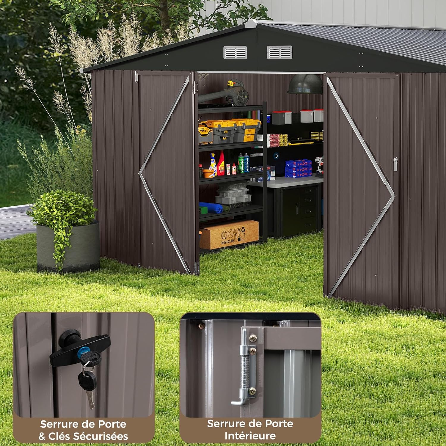 RELAX4LIFE - abri de jardin métal - 350x350x198cm - 2 portes, 12m², toit incliné, 25m³