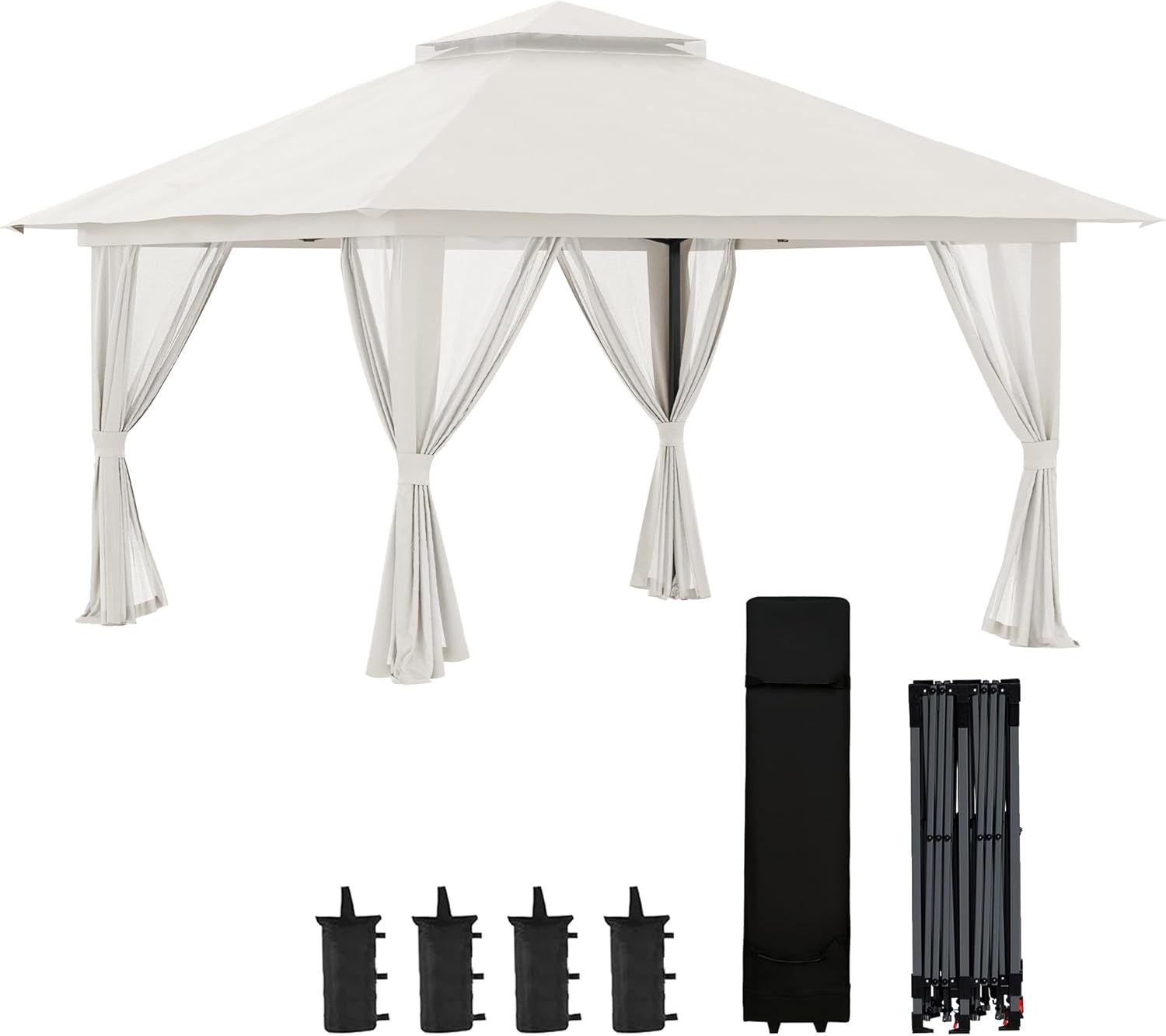 Outsunny - Tonnelle de Jardin Pop-up – 4x4m, UV 50+, double toit, moustiquaires, sac de sable, transport - BARNUM-4x4-UV