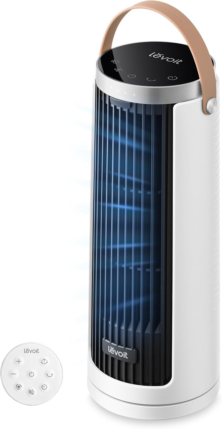 Levoit Windi Mini Ventilateur Colonne 20 dB Ultra Silencieux, Ventilateur de Table Moteur DC, Puissance jusqu'à 7 m/s, 4 Vitesses, Oscillation 90°, Minuterie 12H, Télécommande