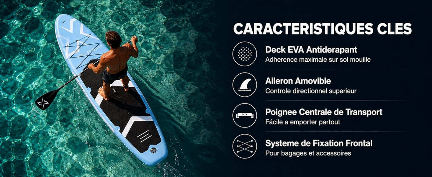 Le texte se lit comme suit : « CARACTERISTIQUES CLES », « Dock EIS antidérapant », « Moteur Puissant », « Propulsion Efficace du », « Saumon et Position Penstat ». Image d'action aérienne de sports nautiques avec fond d'océan teinté de bleu.