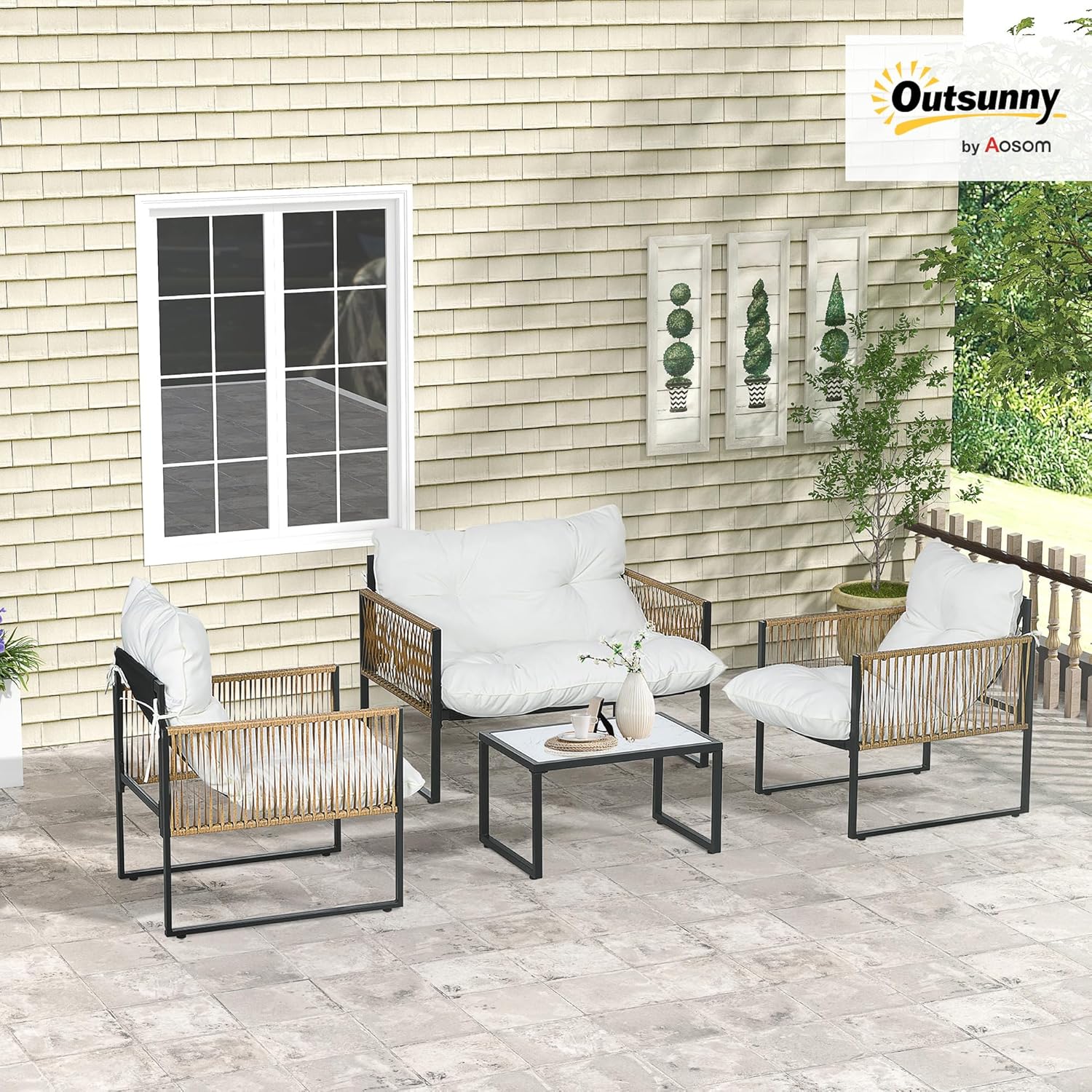 Outsunny - salon de jardin 4 pièces canapé, fauteuils, table, coussins - acier/résine, crème