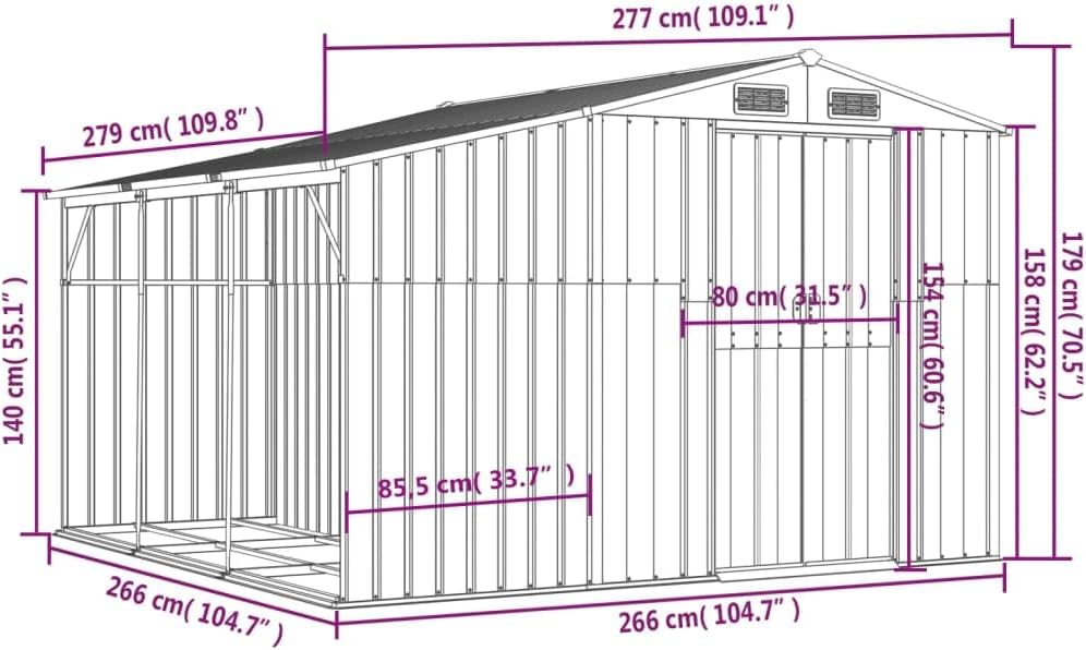 vidaXL Abri de Jardin, Cabane à Outils avec Poignées, Remise à Outils avec Toit Inclinable, Abri de Rangement Patio, Anthracite 277x279x179 cm Acier Galvanisé