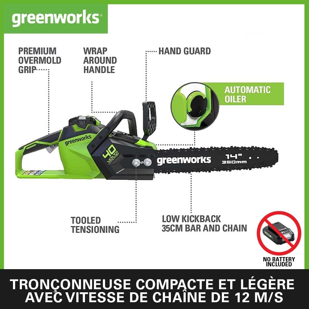 Greenworks - GD40CS15 - 35 cm - tronçonneuse sans balais, 12 m/s, 3,5 kg, anti-rebond, GD40CS15