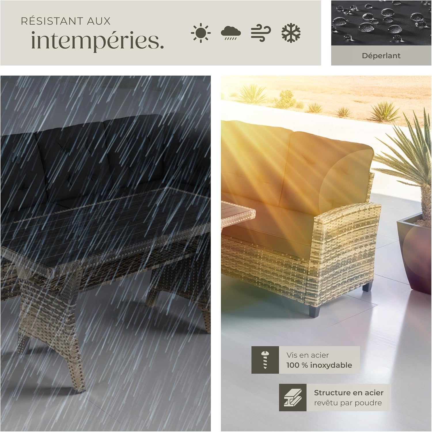 Tectake - salon de jardin XXL 6 places, rotin, coussins moelleux, table