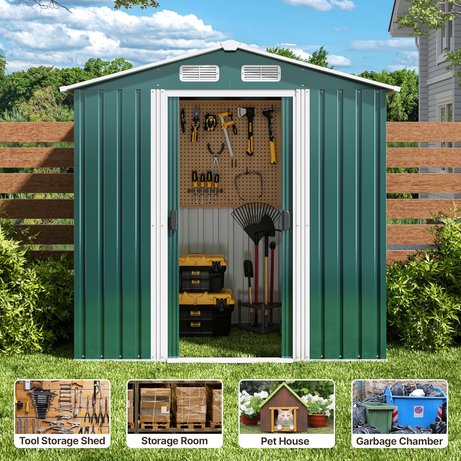 Xbro Abri de jardin en métal 184 x 119 x 186 cm, avec toit en pente et porte coulissante, abri à outils avec serrure et gants (vert)