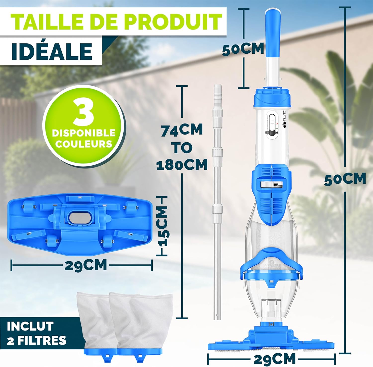 tillvex - Aspirateur piscine électrique - manche télescopique - filtre intégré - autonomie 60 min