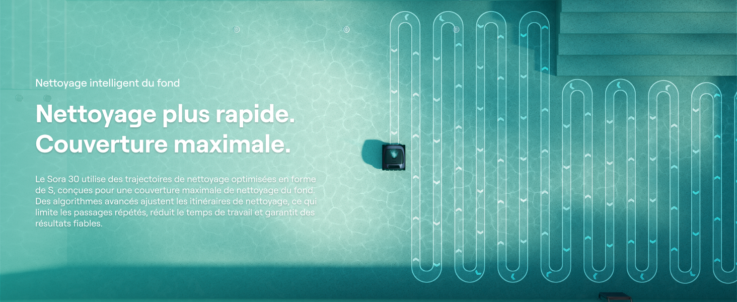 Le texte se lit comme suit : « Nettoyage plus rapide. Couverture maximale. » Image marketing du produit teintée bleu sarcelle montrant un motif de lignes verticales abstraites en arrière-plan.