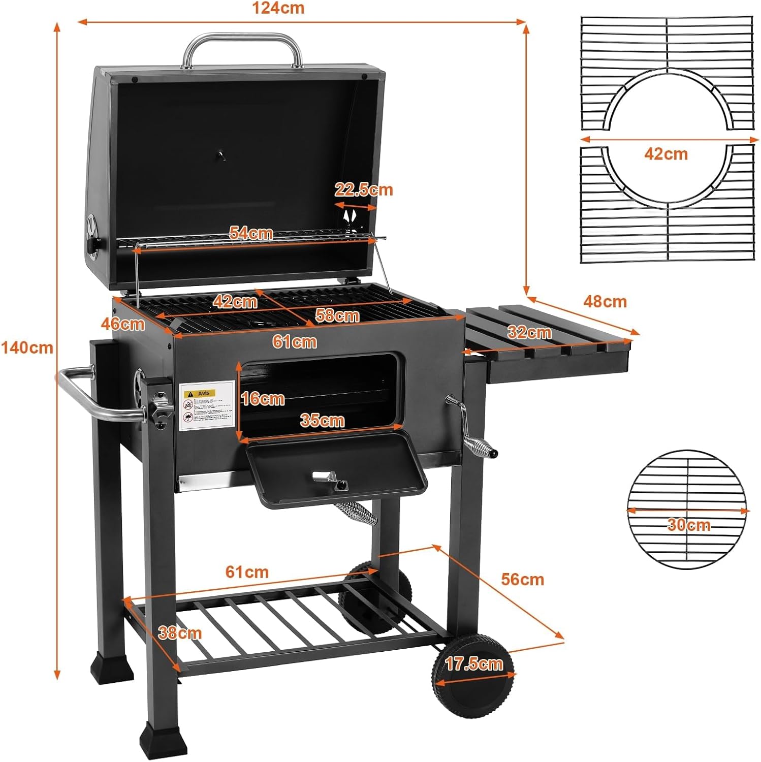 TLSUNNY - Barbecue XL sur chariot, couvercle, roues, thermomètre TLSUNNY