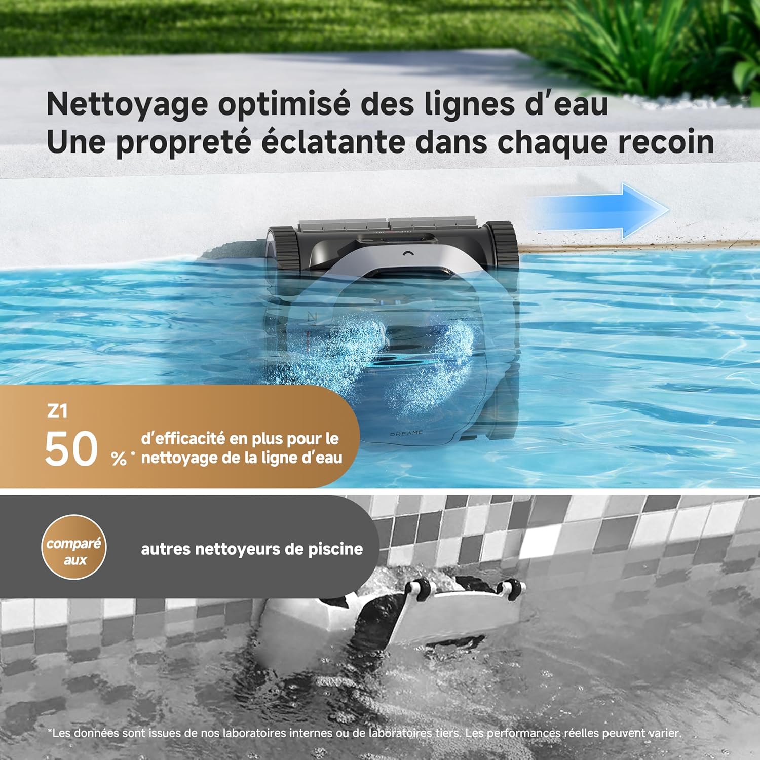 DREAME Z1 Robot Piscine sans Fil, Puissance d'Aspiration 30 000 LPH, Nettoyage du Fond, Parois et Ligne d'eau, 240 Min, Jusqu'à 180 m²