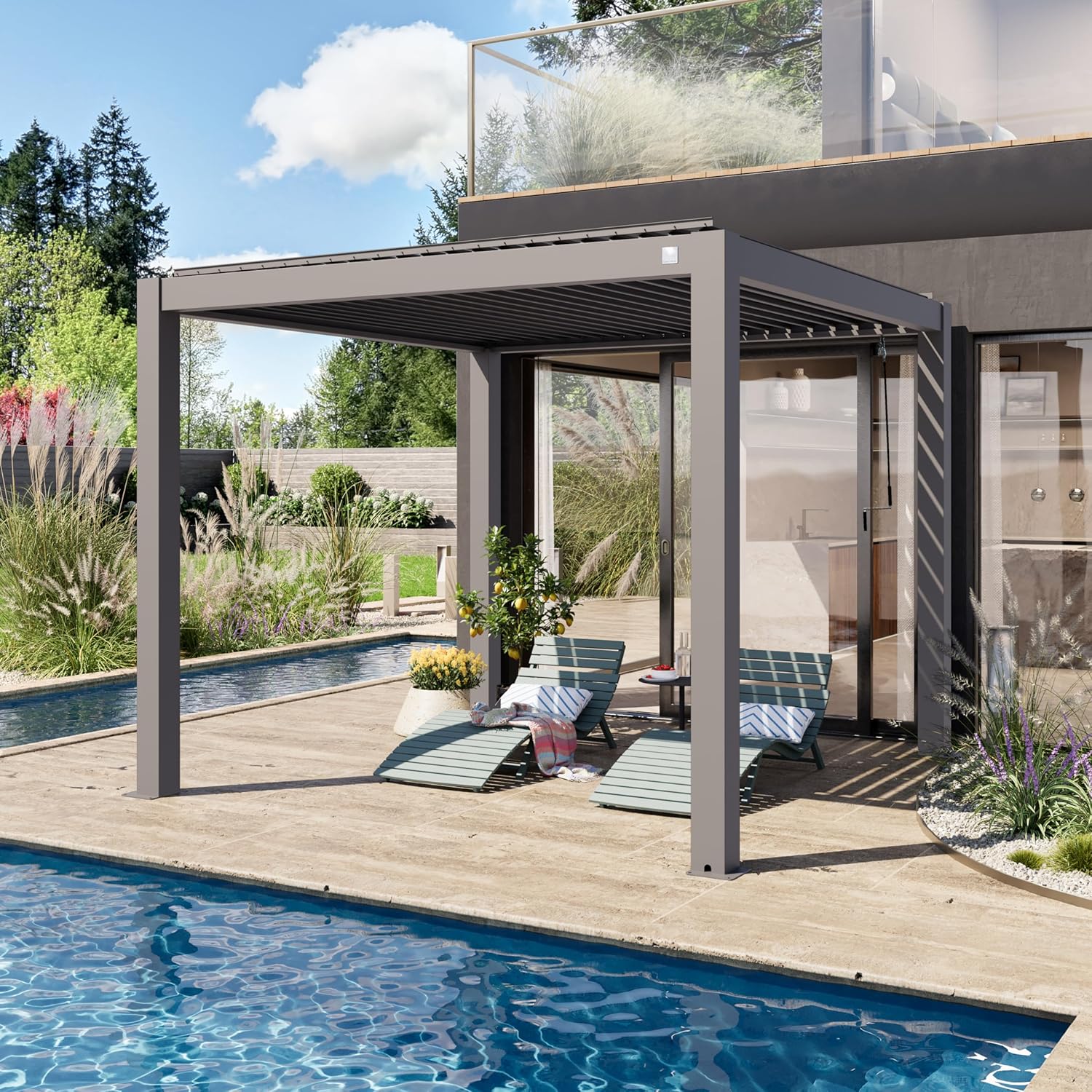 PRIMEYARD - Pergola 3x3 m aluminium, lames orientables, gris