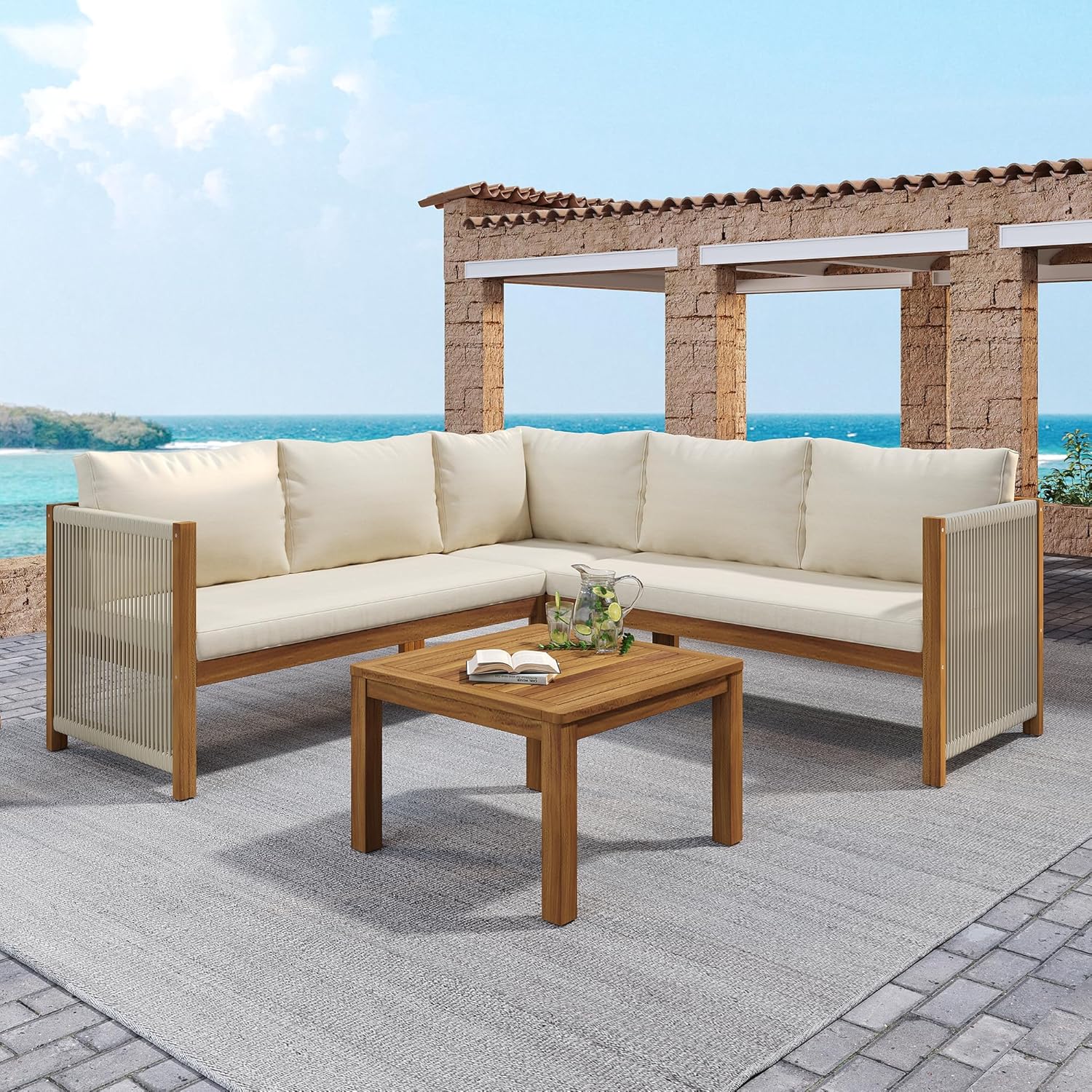 Sapgaks - salon de jardin acacia, corde, beige, canapé d'angle, table