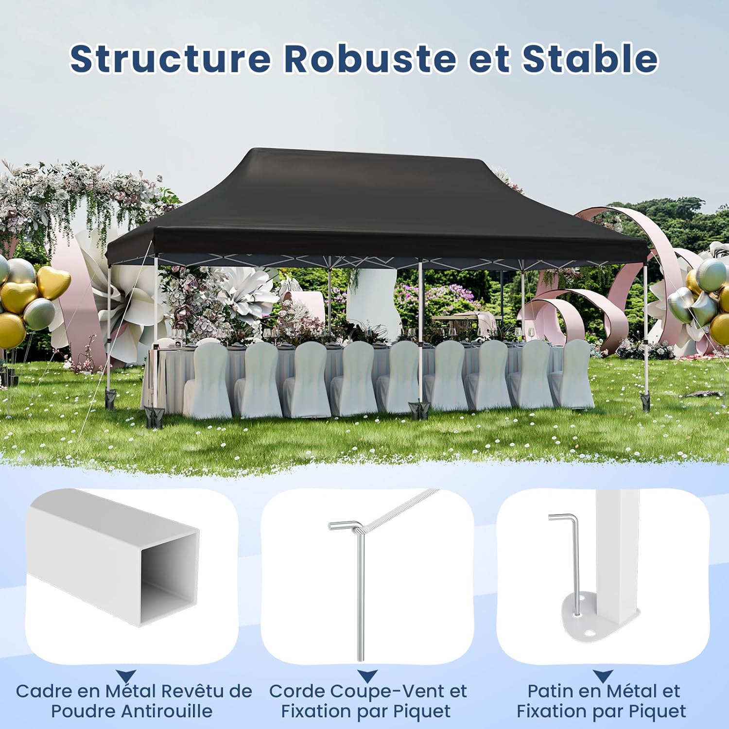 GOPLUS Tonnelle Pliante 3x6m Imperméable, Tonnelle Barnum Pliante 3x6 de Jardin Exterieur, Sac de Transport, Sac Lesté, Pavillon de Jardin Pop-Up pour Fête, Mariage (Noir|sans Bâche)