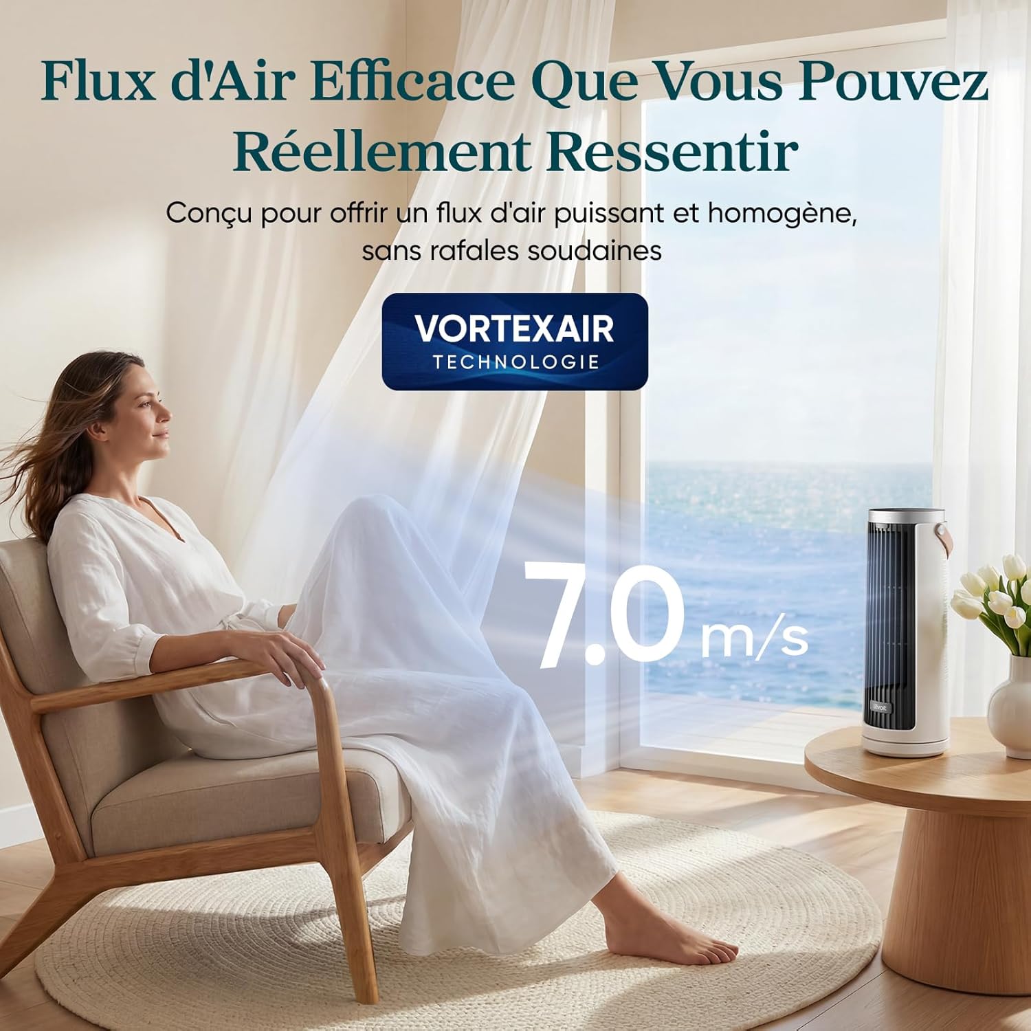Levoit Windi Mini Ventilateur Colonne 20 dB Ultra Silencieux, Ventilateur de Table Moteur DC, Puissance jusqu'à 7 m/s, 4 Vitesses, Oscillation 90°, Minuterie 12H, Télécommande