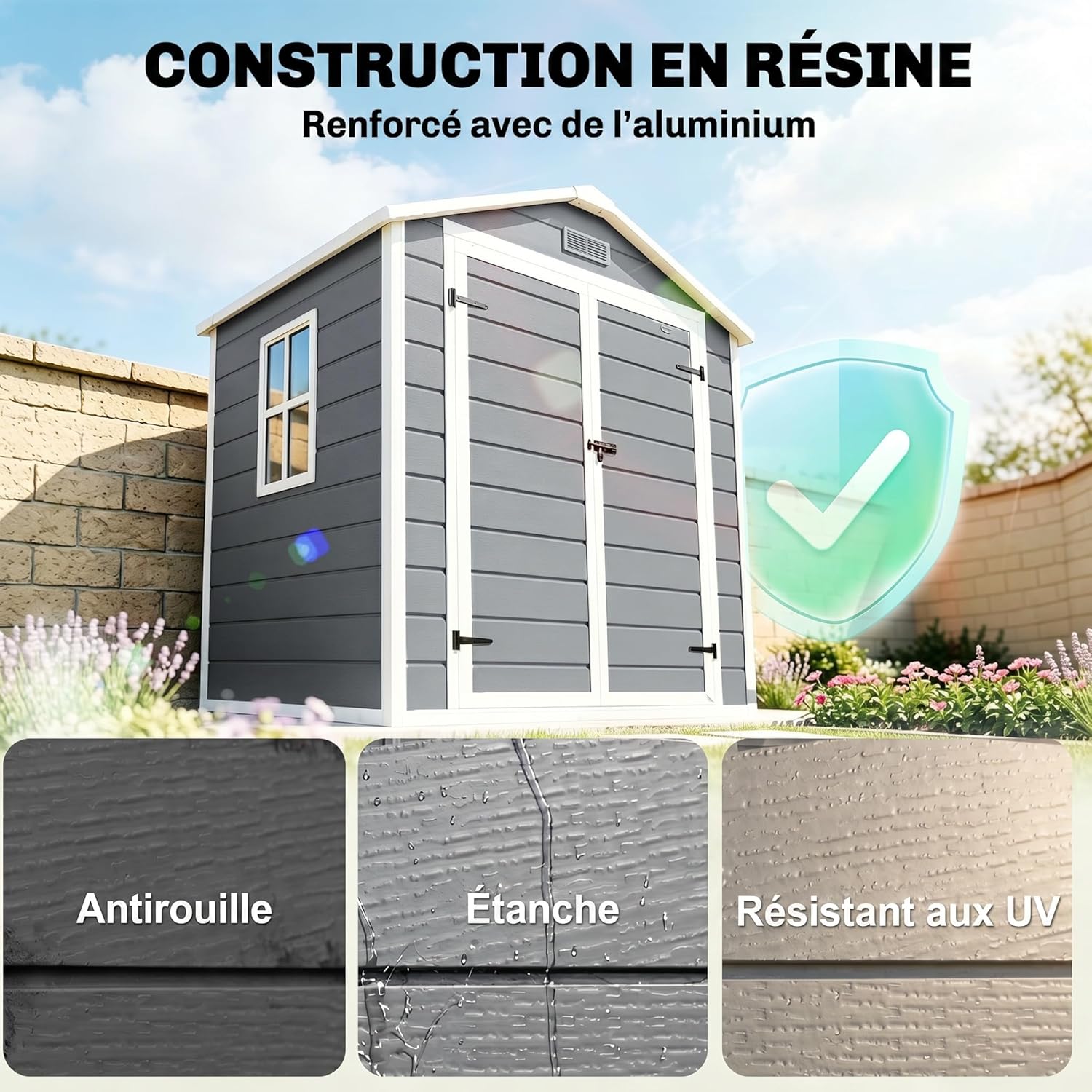 Outsunny - abri de jardin résine 2,12m², double porte, fenêtre, toit pente