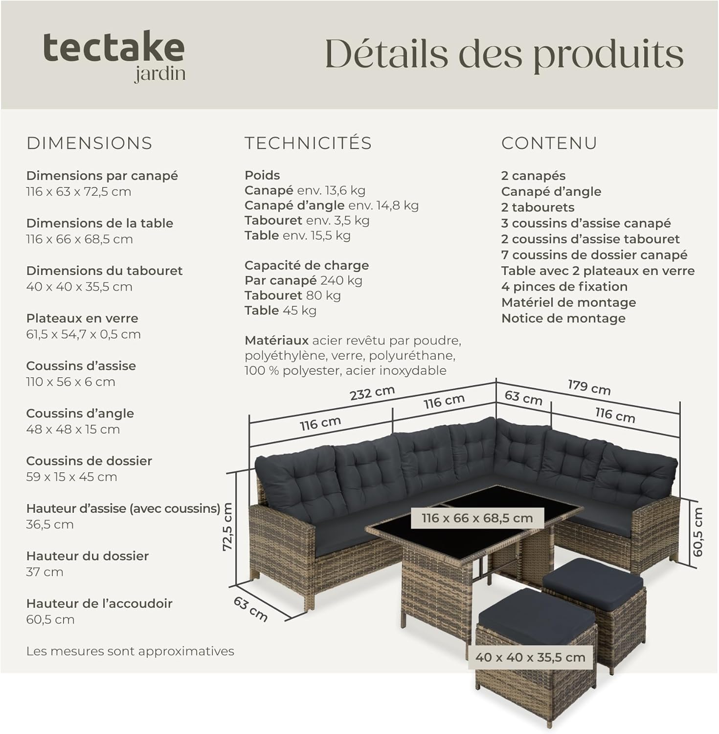 tectake - Salon de Jardin Modulable Angle - rotin - coussins inclus