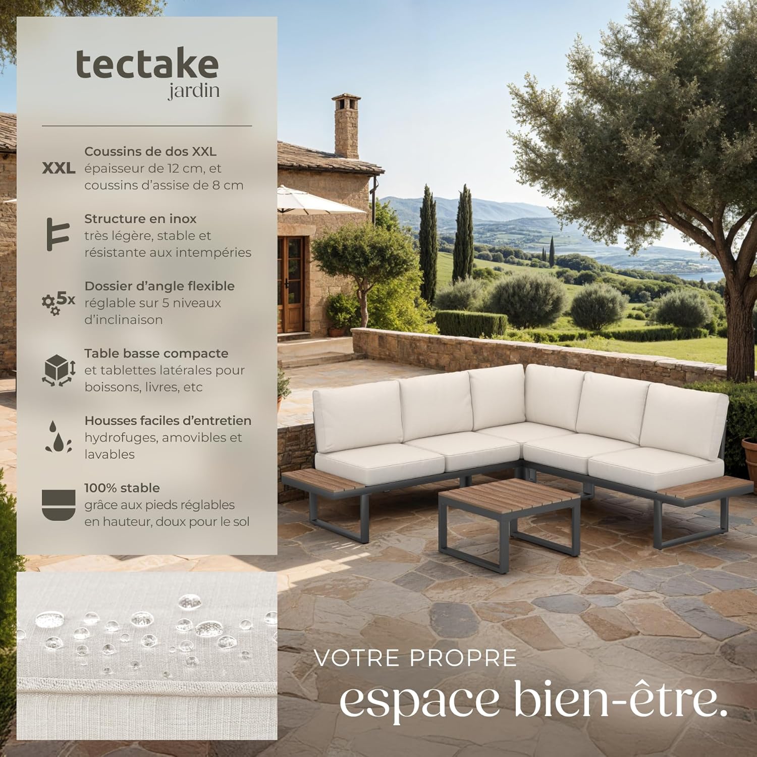 tectake - Ensemble salon 5 places aluminium, coussins épais, 215x134x70 cm