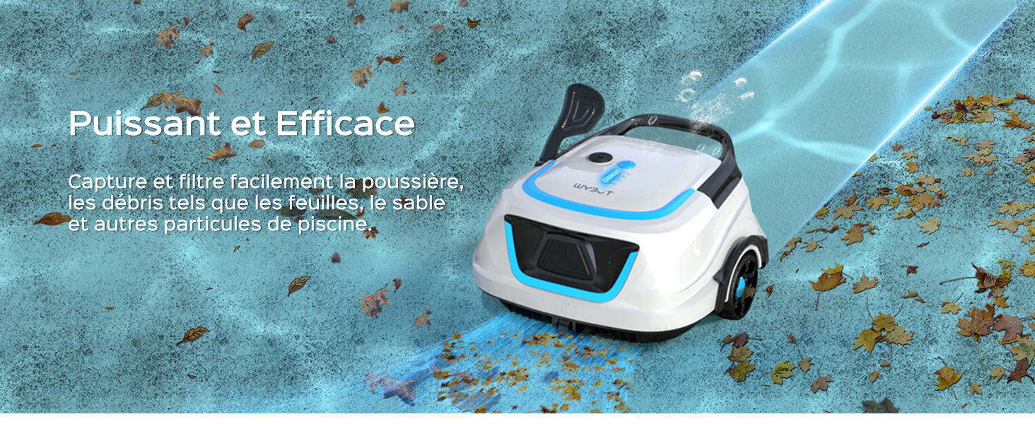 Aspirateur robotique blanc et bleu sur une surface bleue texturée avec des débris éparpillés, avec un texte en français sur l'efficacité du nettoyage.