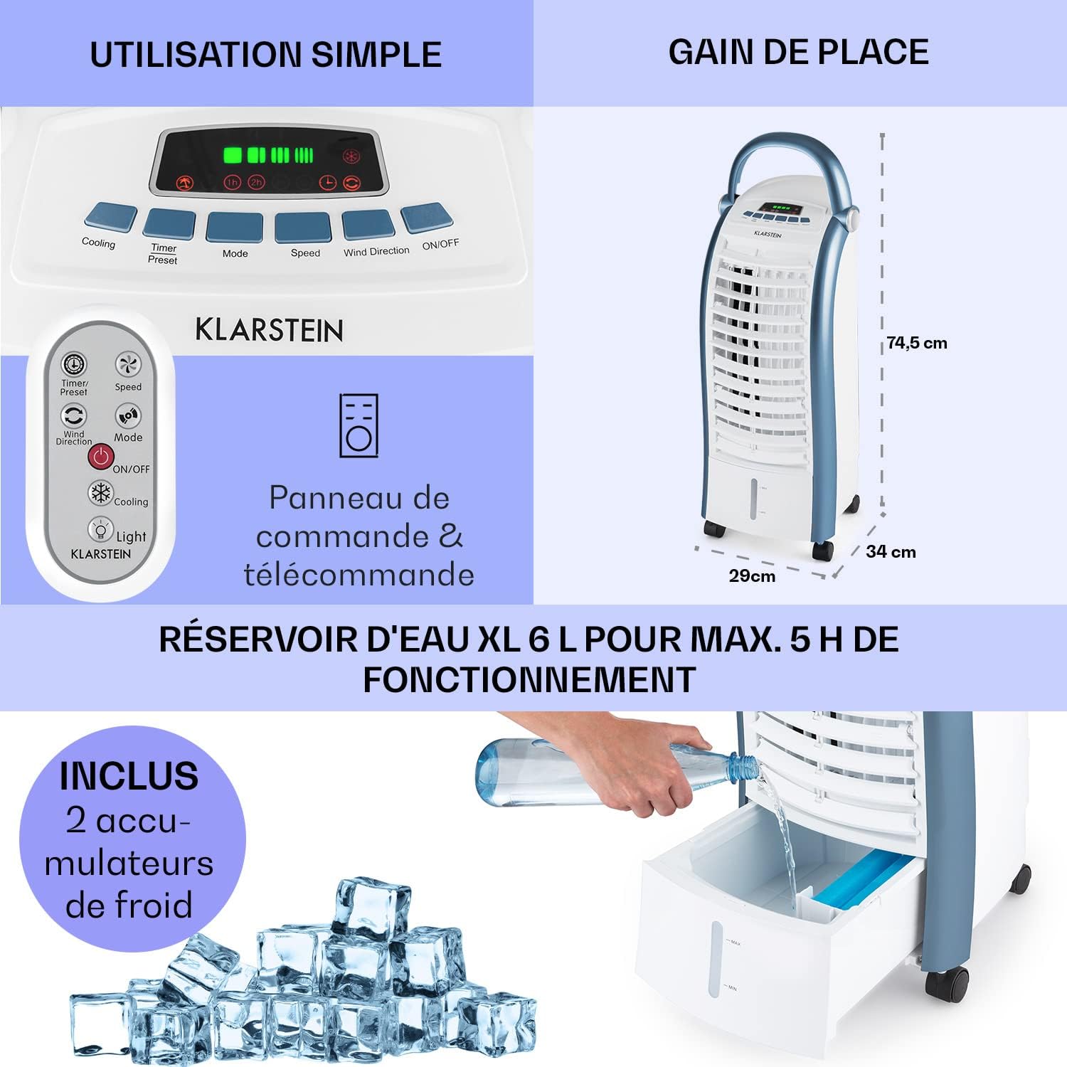 Klarstein Rafraichisseur d'Air 4 en 1, Climatiseur Portable, Humidificateur, Ventilateur, Ioniseur, Climatiseur Mobile Sans Évacuation, Pack Glacons, Réservoir 6L, 65W, Puissant Débit d'Air 444m³/h