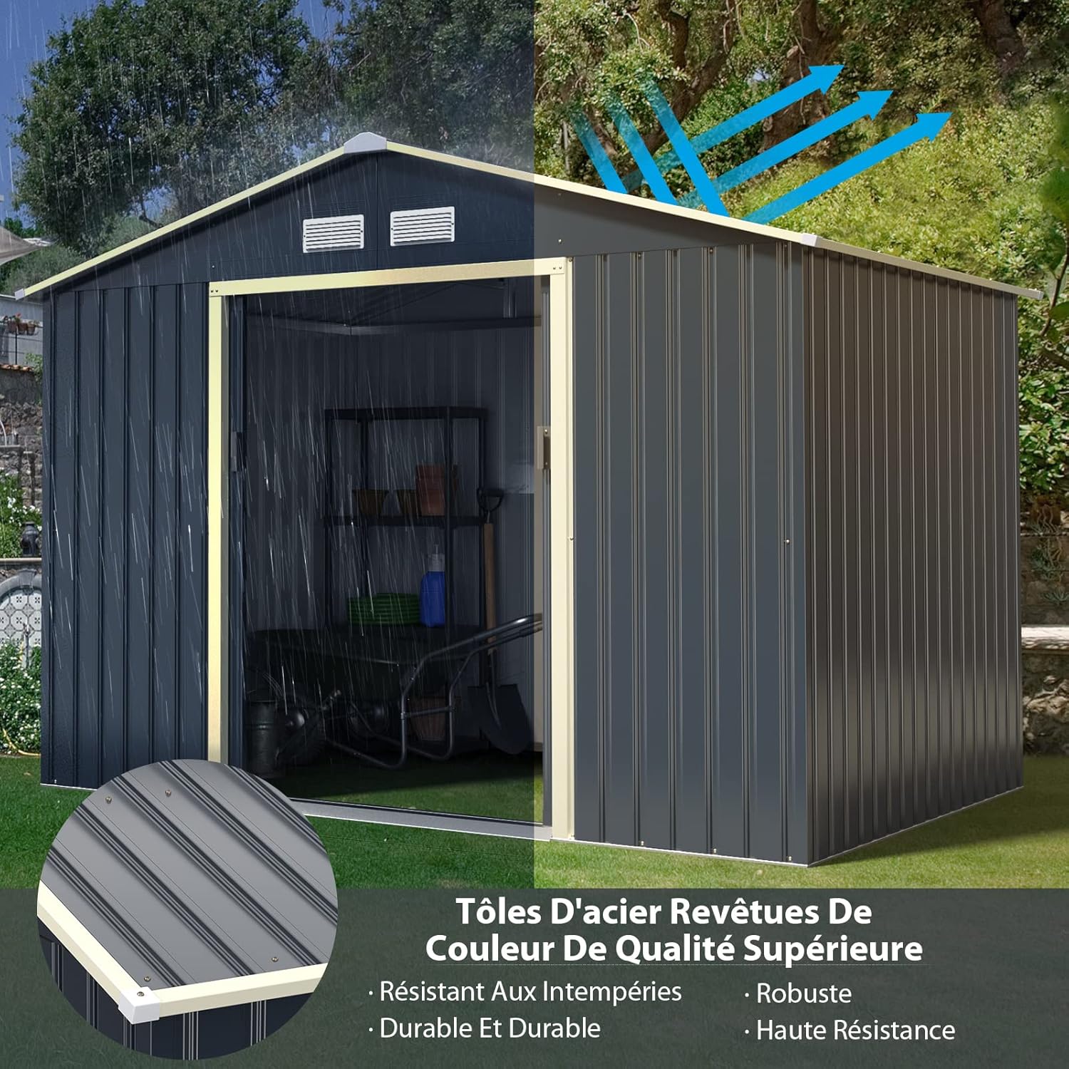 COSTWAY Abri de Jardin en Métal 5.2㎡ avec 2 Portes Coulissantes Verrouillables, Cabane Jardin Rangement 4 Trous d’Aération Toit Penché, pour Vélo, Poubelle, Gris (277,5 x 191 x 202,5cm)