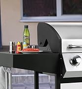 pour un grill ou une station de cuisson extérieure. Il contient des condiments, des boissons et des ustensiles, avec un porte-serviettes en dessous.