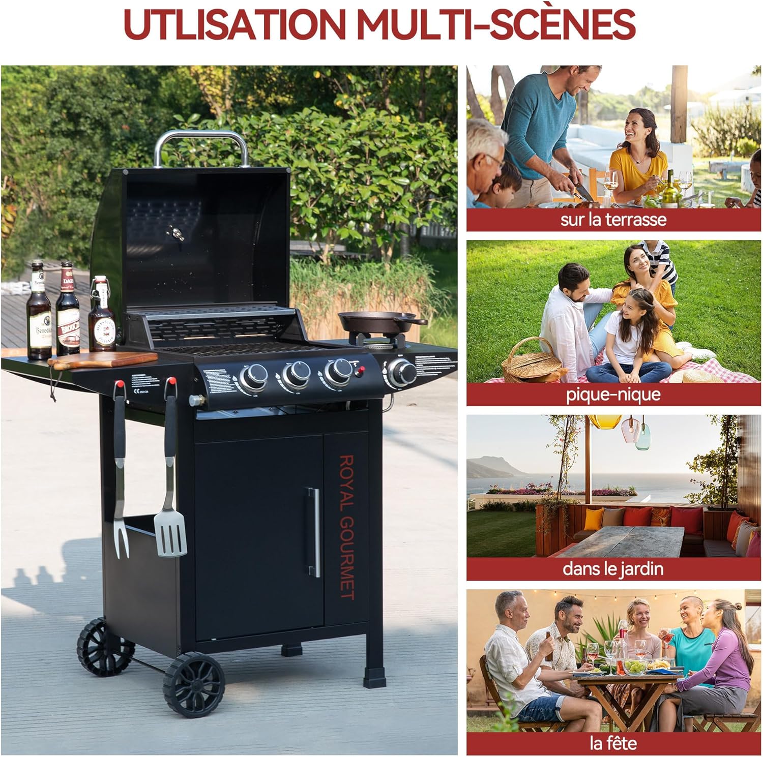 Royal Gourmet - barbecue gaz 3+1 brûleurs inox - 11,5 kW - chariot, 2 roues, thermomètre