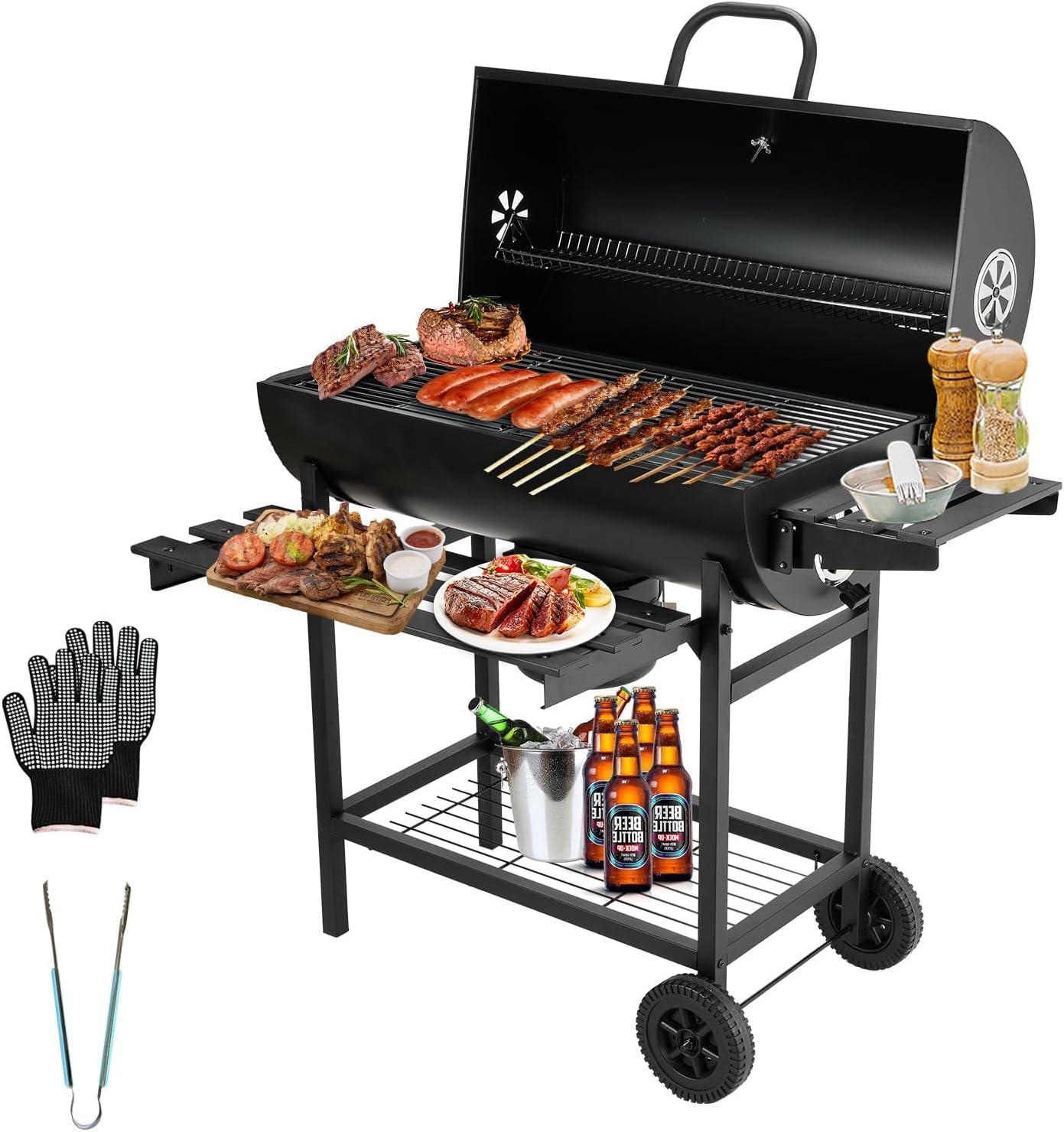 TEENO - Barbecue XXL - grille, gants, thermomètre, tiroir à cendres