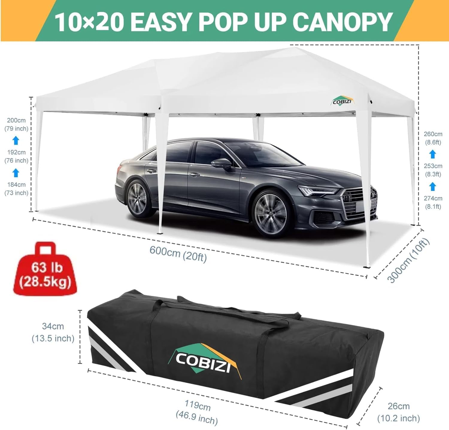 COBIZI - tonnelle pliante série - 3x6 m - étanche, anti-UV, 6 parois