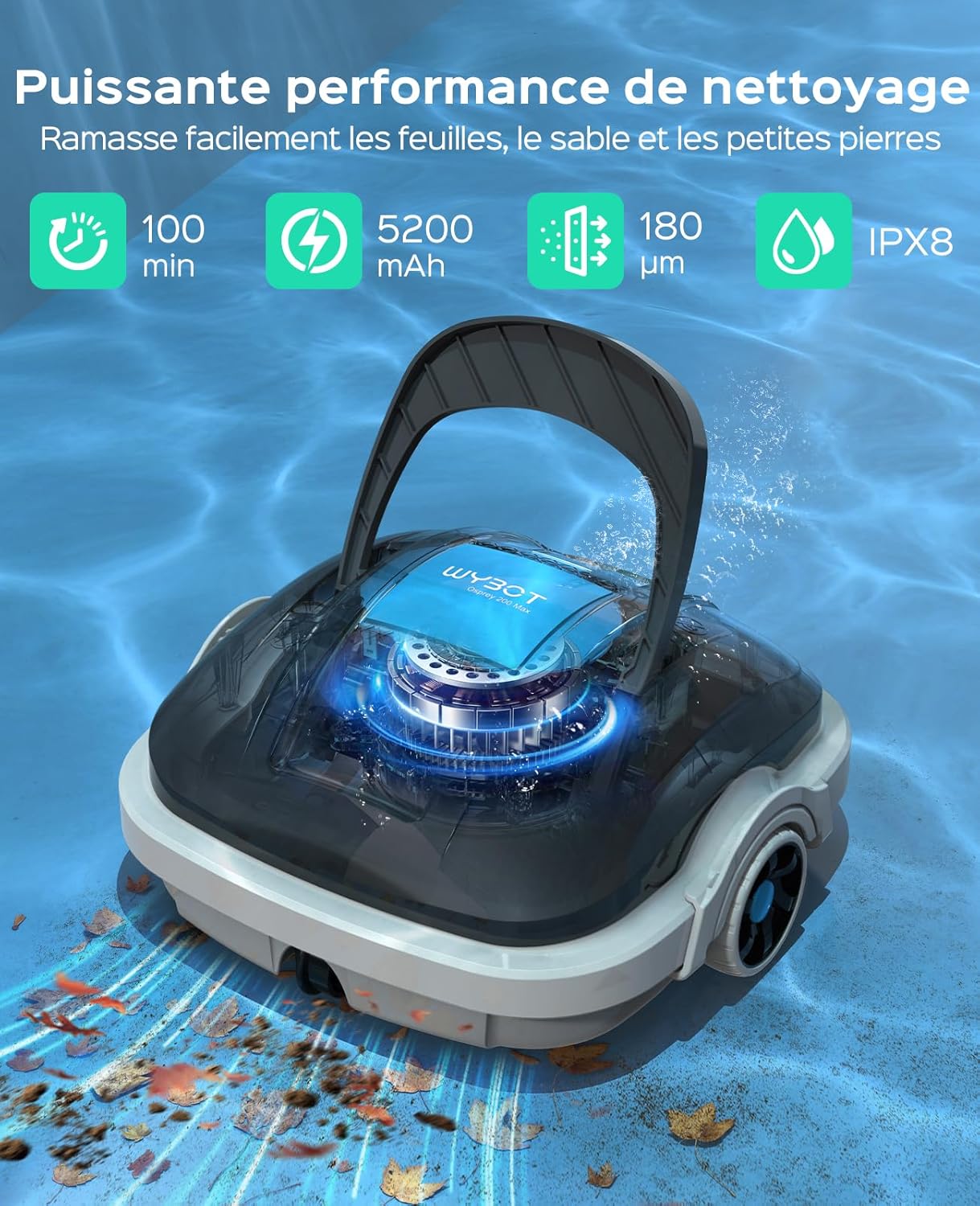 WYBOT - Osprey 200 Max - 80m² - robot piscine sans fil, 100 min, Osprey200Max