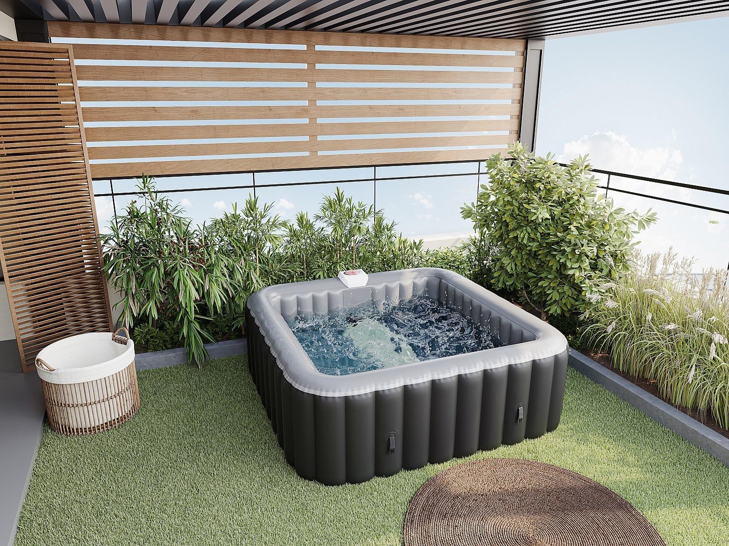 Vente-unique - Spa Gonflable carré 6 Places - L185 x P185 x H65 cm - 140 Buses d'air - Noir et Gris - B-Cosy II