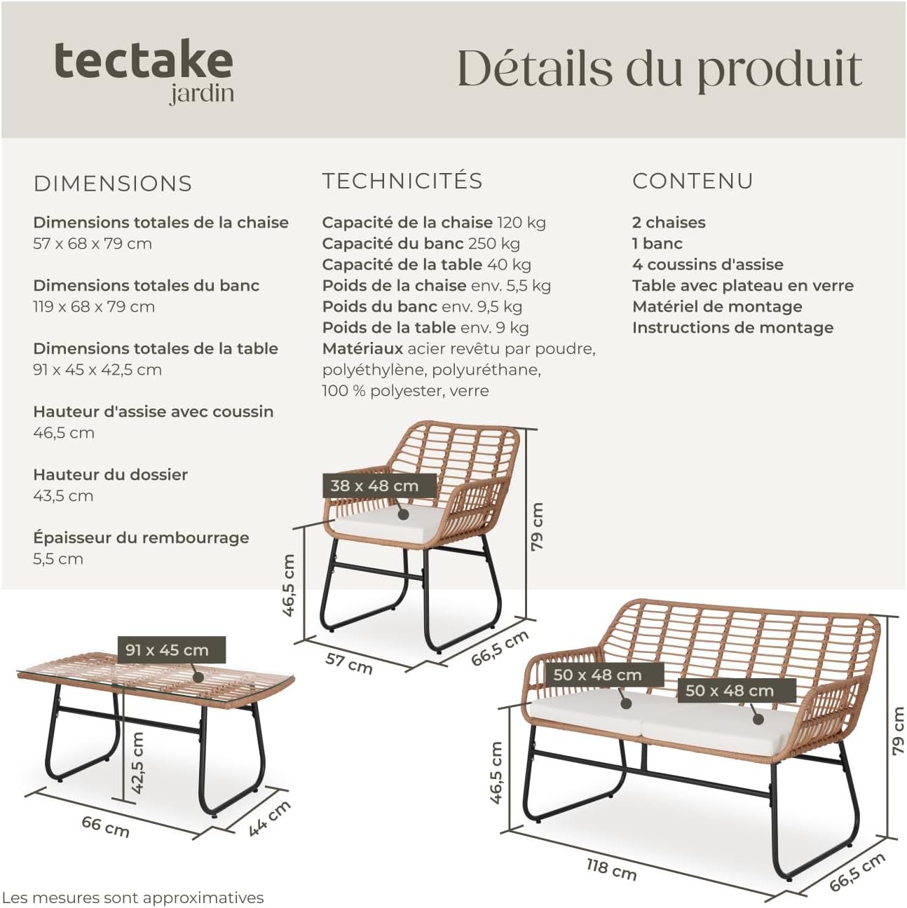 tectake - salon de jardin poly rotin 4 pcs, coussins, plateau verre 401206