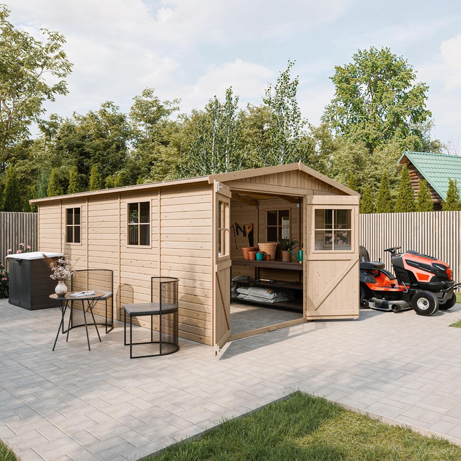 Abri de Jardin en Bois Naturel - Stockage extérieur avec fenêtres- H226x324x516 cm/15 m² Hangar en Bois Naturel - Atelier Rangement Outils et vélos- TIMBELA M337