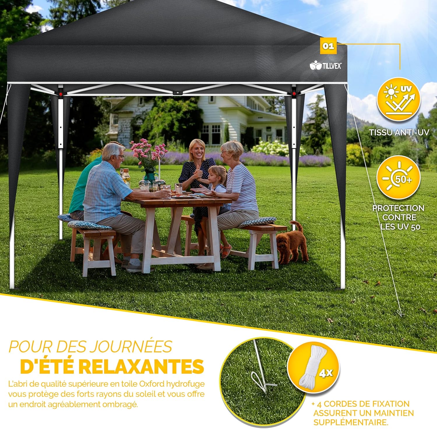 tillvex - Tente Pliante Jardin série - 3x3m - Hauteur réglable, UV50+, sac