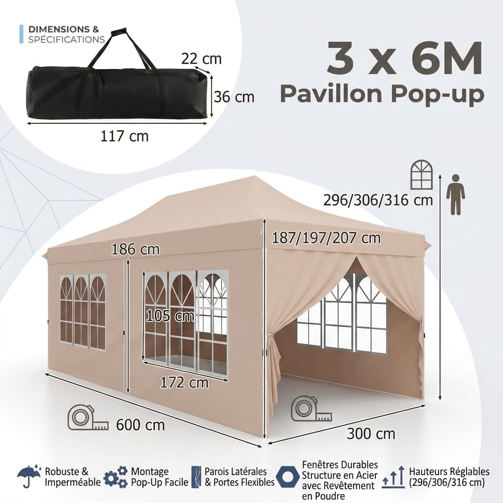 GOPLUS - Barnum pliant série jardin 3x6m, imperméable, sac transport, beige