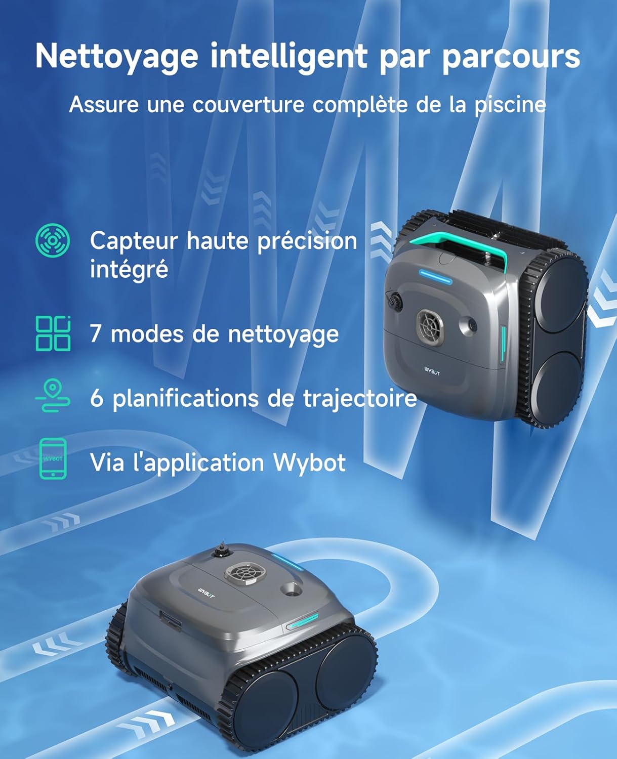 WYBOT - C2 - pour piscines 150㎡ - double filtration, 3 moteurs, 180min, fond & parois