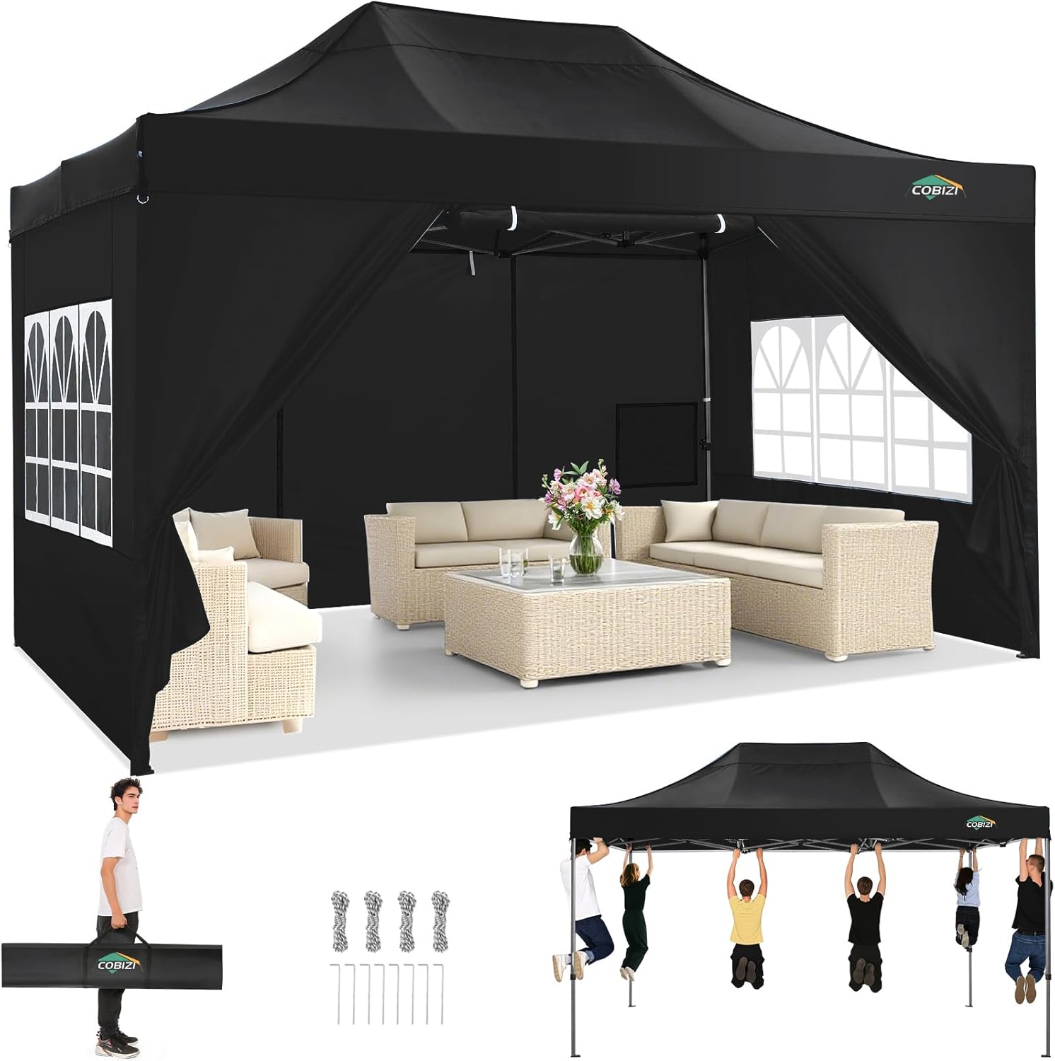 COBIZI - tonnelle pliante série - 3x4.5m - étanche, UV50+, stable, panneaux latéraux