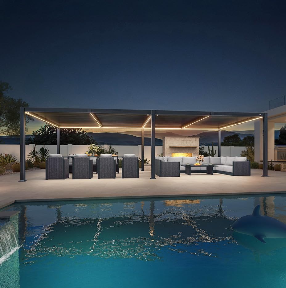 PURPLE LEAF - Pergola bioclimatique - 3,5x8,5m - aluminium, lames LED, étanche