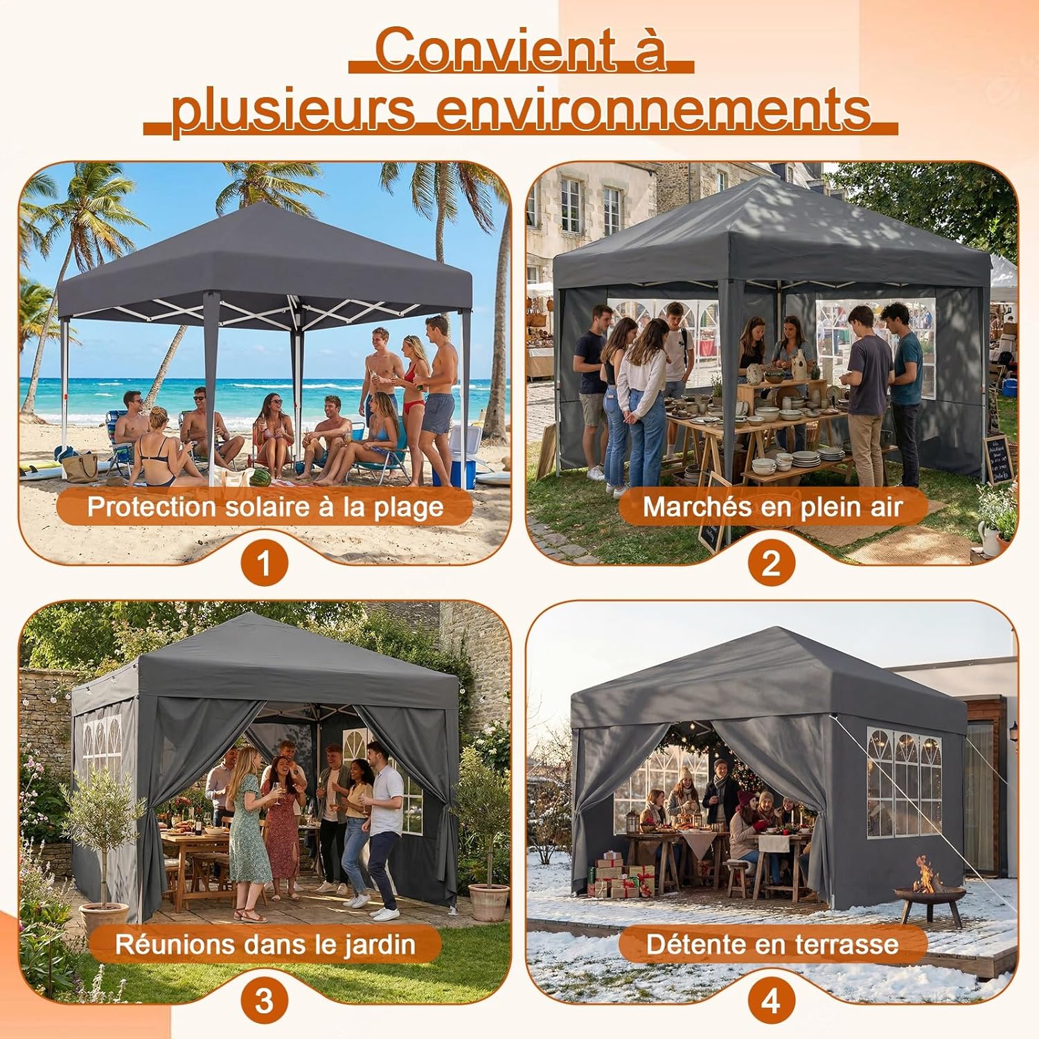 Devoko - Tonnelle pliante série Pop up - 3x3 m - imperméable, 4 parois amovibles, réglable, UV 50+