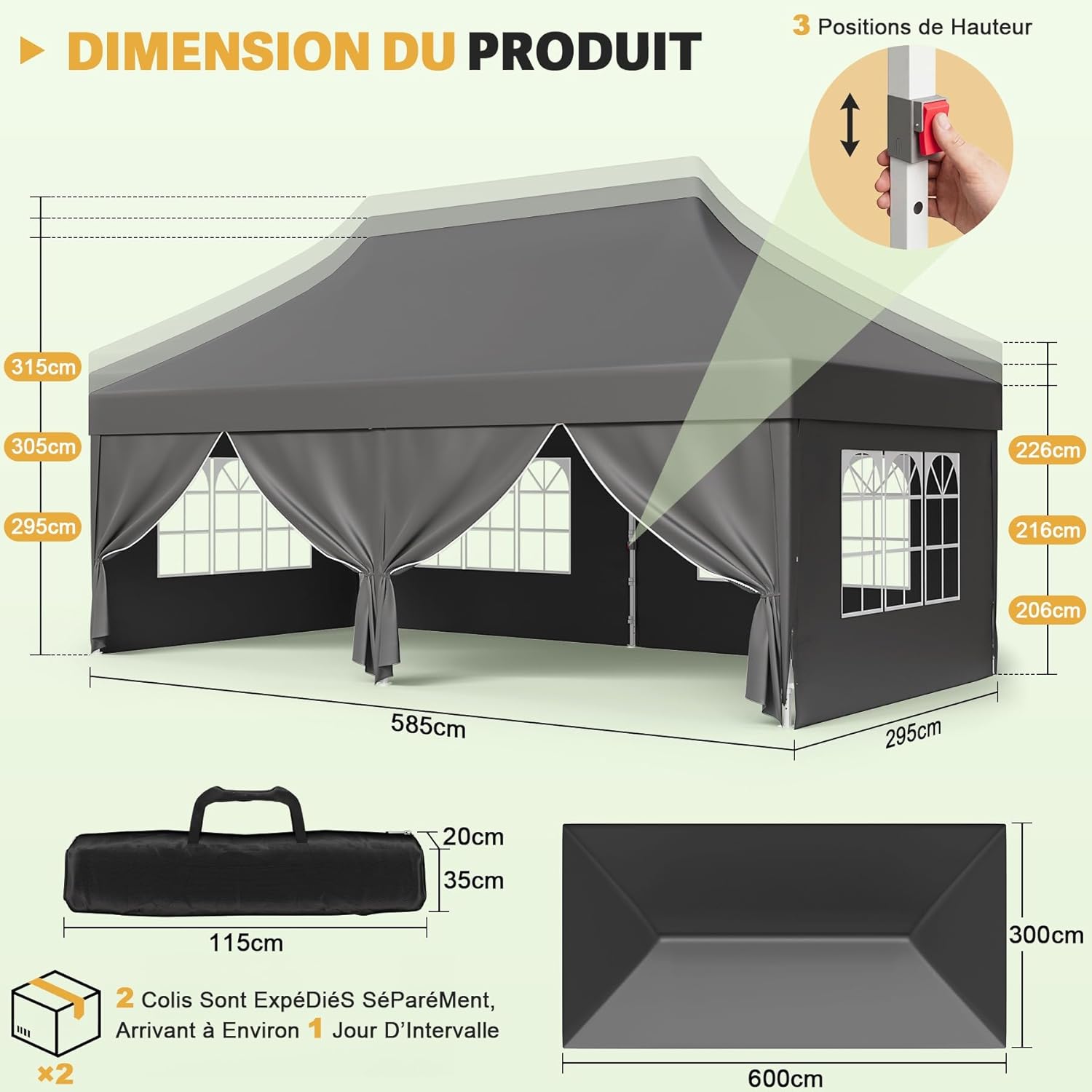 Devoko - Tonnelle pliante 3x6m - Toile Oxford, parois latérales, hauteur réglable
