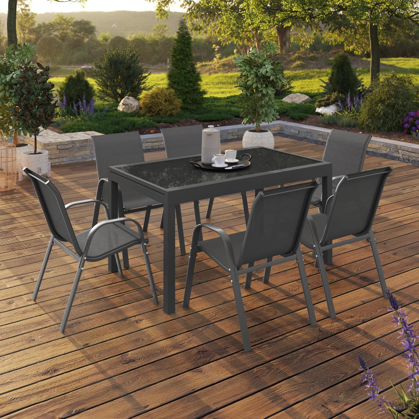 IDMarket - Madrid série - table 135-270 cm et 12 chaises empilables - gris anthracite