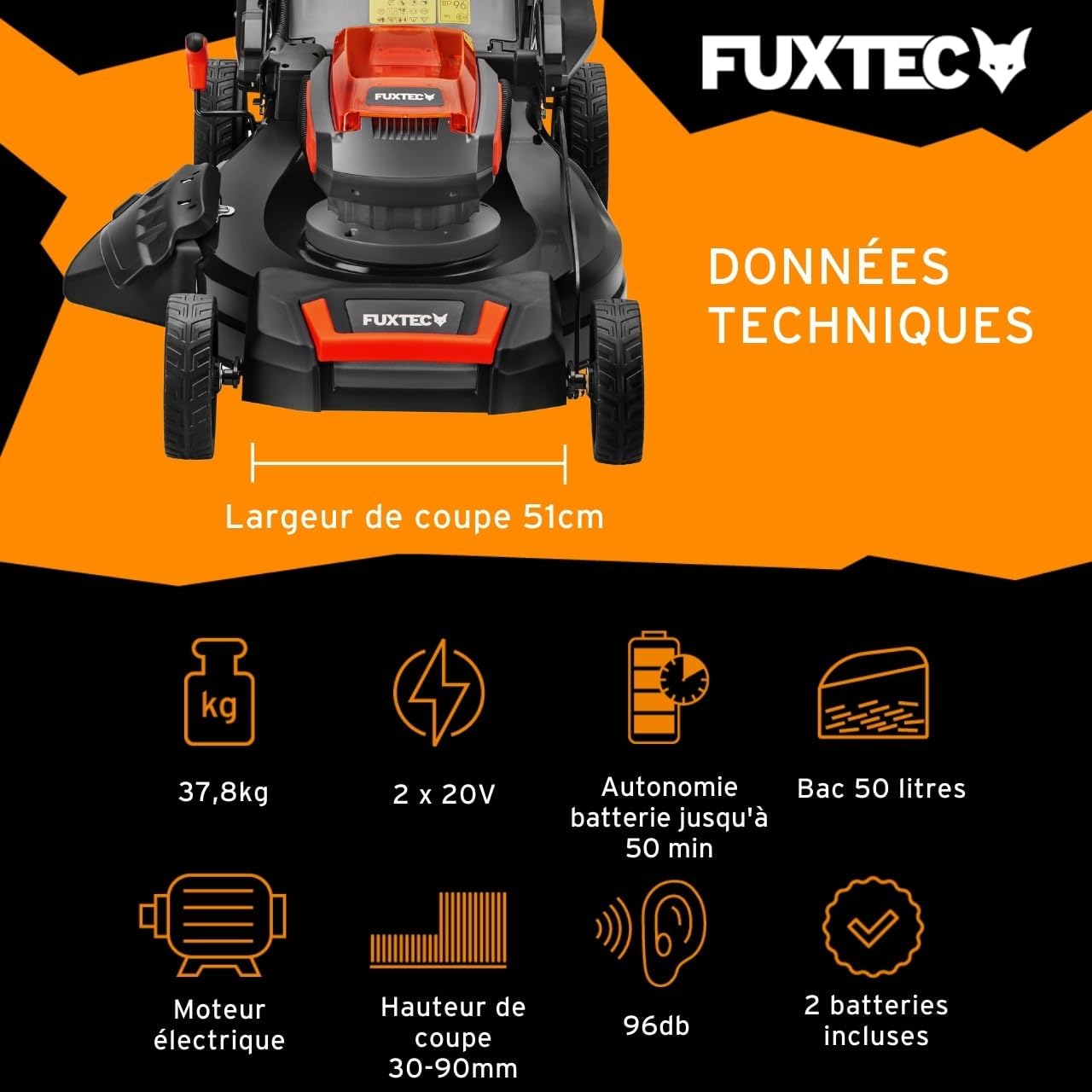 FUXTEC - tondeuse autotractée 51cm, 40V, mulching, 50L E2RM51